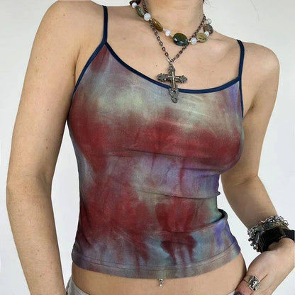 Burgundy and blue tie-dye cami top with narrow spaghetti straps