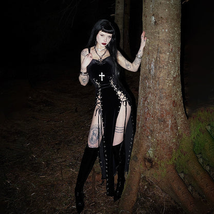 Black long cut-out dress with cross graphic, studded seams, side lacing and fringe panels