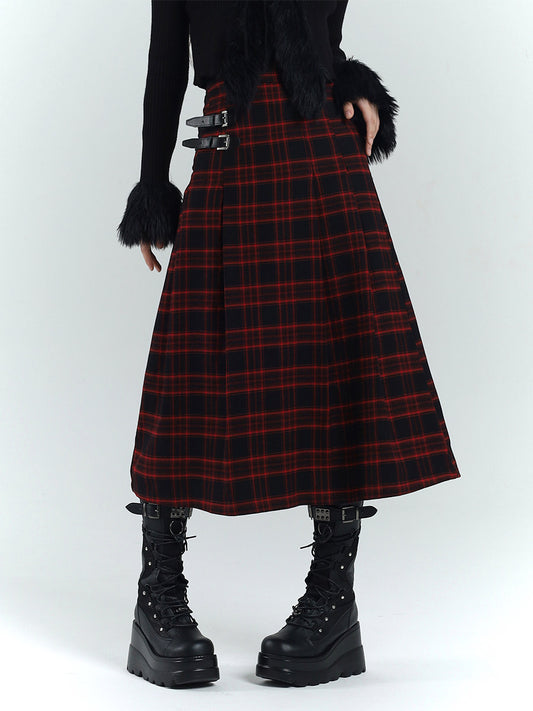 Red & Black Plaid Woolen A-Line Long Skirt