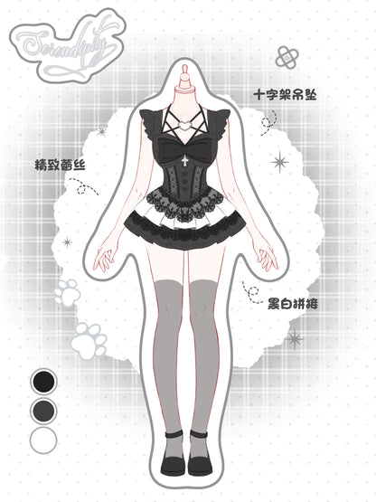 Black gothic jacquard corset top and black-and-white layered cake skirt set, front view