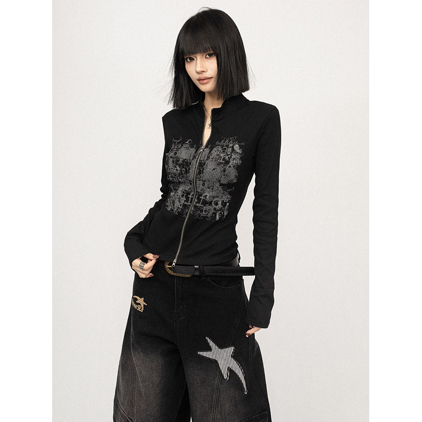 Black zip-up long-sleeve jacket with gray graffiti chest print and front zipper