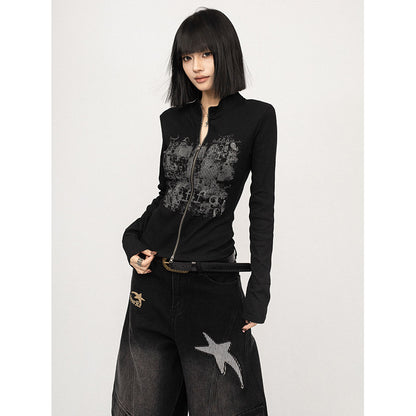 Black zip-up long-sleeve jacket with gray graffiti chest print and front zipper
