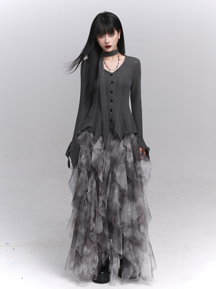 Dark long-sleeve knit cardigan with button front and tiered tulle ruffle hem