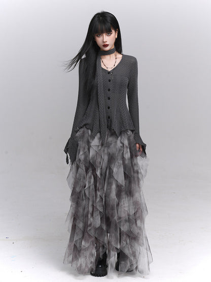 Dark long-sleeve knit cardigan with button front and tiered tulle ruffle hem