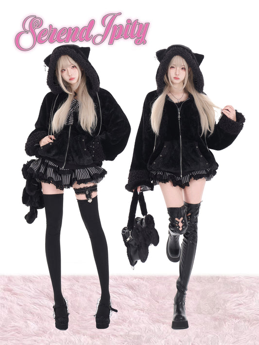 Black Mist Cross Zip Hooded Plush Jacket