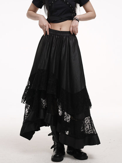 Black irregular maxi skirt with elastic waistband and layered lace sections along hem
